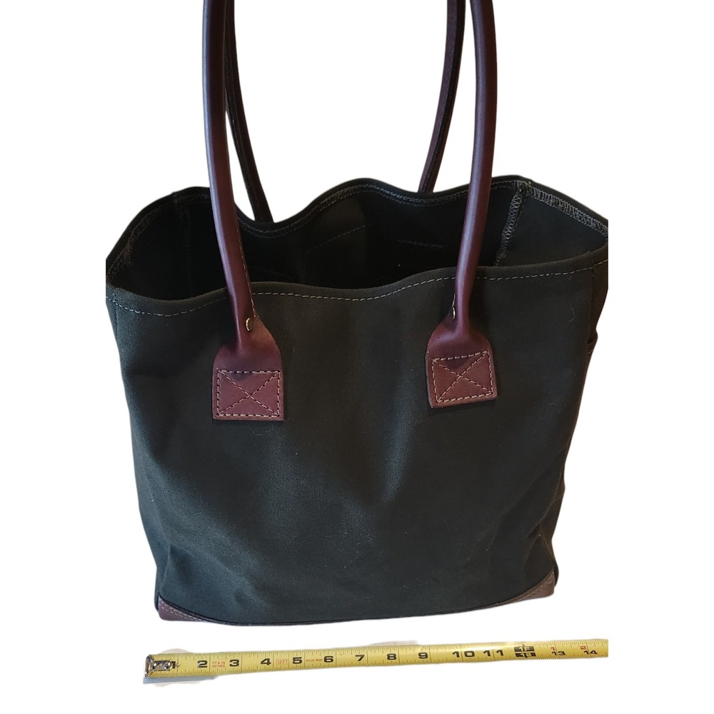 2017 Orvis Canvas Leather Trim Tote Bag‎ Olive Green Brown Top Handle - Picture 3 of 5
